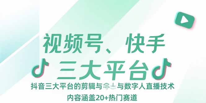 视频号、快手、抖音三大平台的剪辑与数字人直播技术，内容涵盖20+热门赛道-源创极客