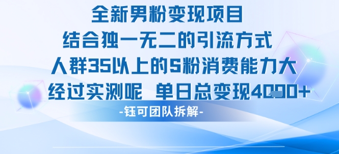 全新男粉变现项目引流人群35以上的男粉消费能力大 经过实测单日变现1k+-源创极客