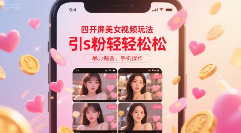 四开屏美女视频玩法，引s粉轻轻松松，暴力掘金，手机操作【揭秘】-源创极客