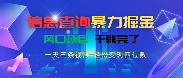 信息查询暴力掘金，一天三条视频 轻松变现四位数，风口项目干就完了-源创极客