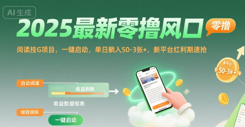 2025最新零撸风口，阅读挂G项目，一键启动，单日躺入 50-3张+，新平台红利期速抢【揭秘】-源创极客