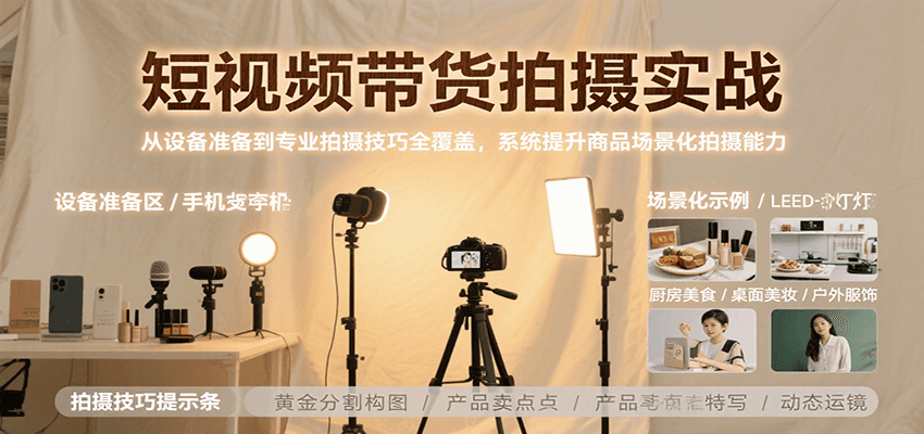 短视频带货拍摄实战，从设备准备到专业拍摄技巧全覆盖，系统提升商品场景化拍摄能力-源创极客