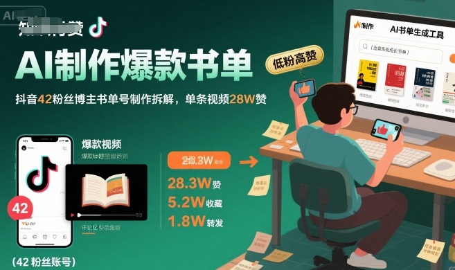 AI制作爆款书单，抖音42粉丝博主书单号制作拆解，单条视频28W赞-源创极客