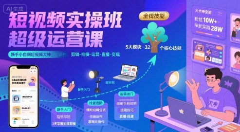 短视频实操班超级运营课，新手小白到短视频大神必修课程，剪辑-拍摄-运营-直播-变现-源创极客