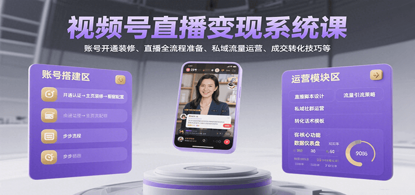 视频号直播变现系统课，账号开通装修、直播全流程准备、私域流量运营、成交转化技巧等-源创极客