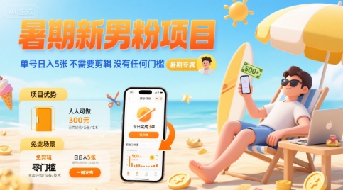 暑期新男粉项目 单号日入5张 不需要剪辑  没有任何门槛-源创极客