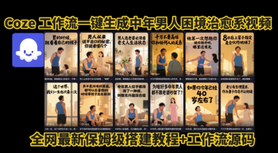 coze工作流一键生成”中年男人困境扎心高涨粉高播放量图文视频”保姆级拆解教程，无需剪辑，无需拍摄写文案-源创极客