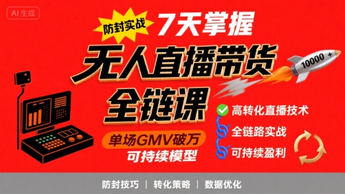 无人直播带货全链防封实战课，7天掌握高转化直播技术，实现单场GMV破万可持续模型-源创极客