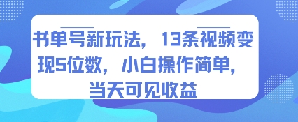 书单号新玩法，13条视频变现5位数，小白操作简单，当天可见收益-源创极客