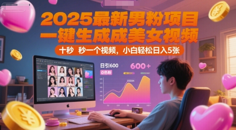 2025最新男粉项目，一键生成美女视频，日引600+色粉 十秒一个视频，小白轻松日入5张【揭秘】-源创极客