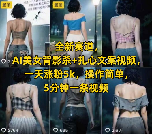 全新赛道，AI美女背影杀+扎心文案视频，一天涨粉5k，操作简单，5分钟一条视频-源创极客