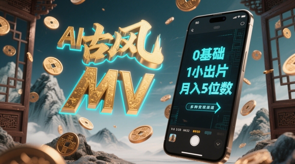AI一键生成古风音乐MV，0剪辑基础1小时出片，多种变现渠道，一部手机月入5位数-源创极客