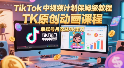 TikTok中视频计划保姆级教程，TK原创动画课程，单账号月收益4k美刀-源创极客