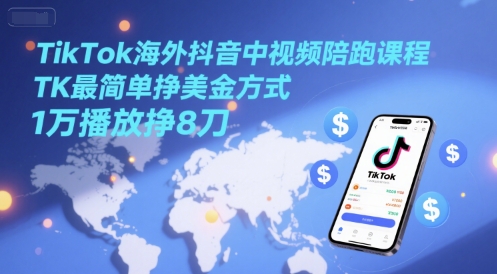 TikTok海外抖音中视频陪跑课程，TK最简单挣美金方式，1万播放挣8刀-源创极客