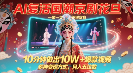 AI复活国潮京剧花旦，一颦一笑美到窒息，10分钟做出10W+爆款视频，多种变现方式，月入五位数-源创极客