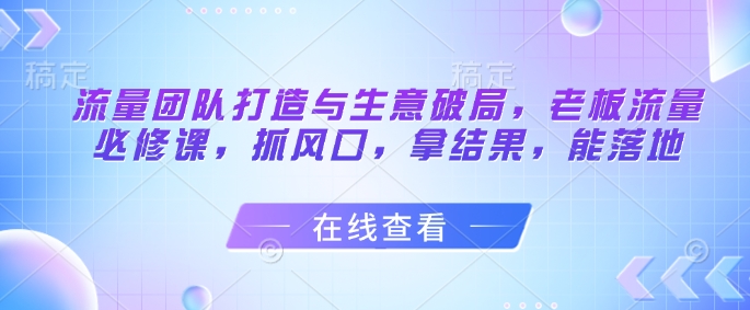 流量团队打造与生意破局，老板流量必修课，抓风口，拿结果，能落地-源创极客
