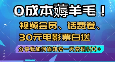 0成本薅羊毛!视频会员、话费卷、30元电影票白送，分享我如何靠转卖一天变现5张+【揭秘】-源创极客