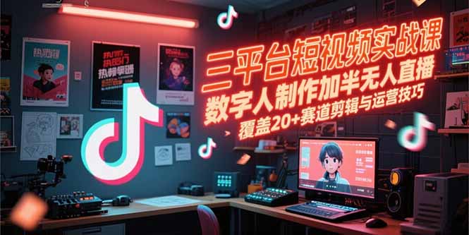 三平台短视频实战课，数字人制作加半无人直播，覆盖20+赛道剪辑与运营技巧-源创极客