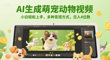 AI生成萌宠动物视频，小白轻松上手，多种变现方式，日入4位数-源创极客
