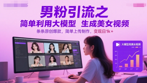 男粉引流之简单利用大模型生成美女视频，条条原创爆款，简单上传制作，变现日1k+-源创极客