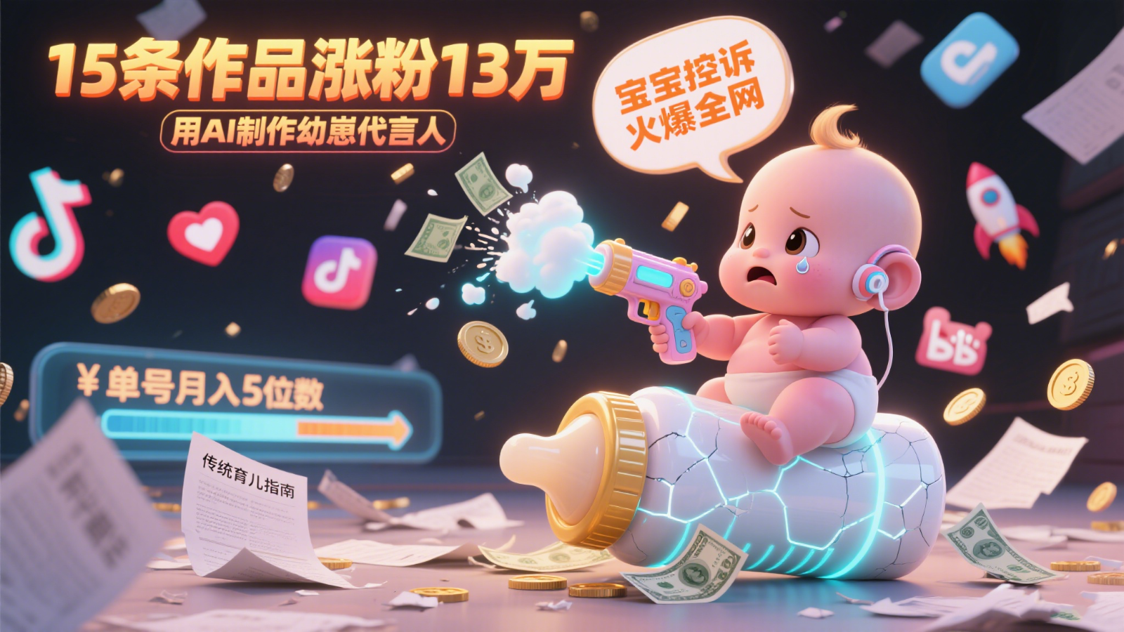 用AI制作幼崽代言人，宝宝的控诉火爆全网，15条作品涨粉13万，单号月入5位数实操教程-源创极客