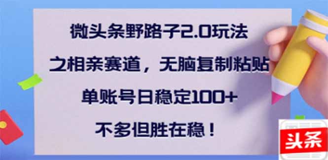 微头条野路子2.0玩法之相亲赛道，无脑搬砖复制粘贴，单账号日稳定300+...-源创极客