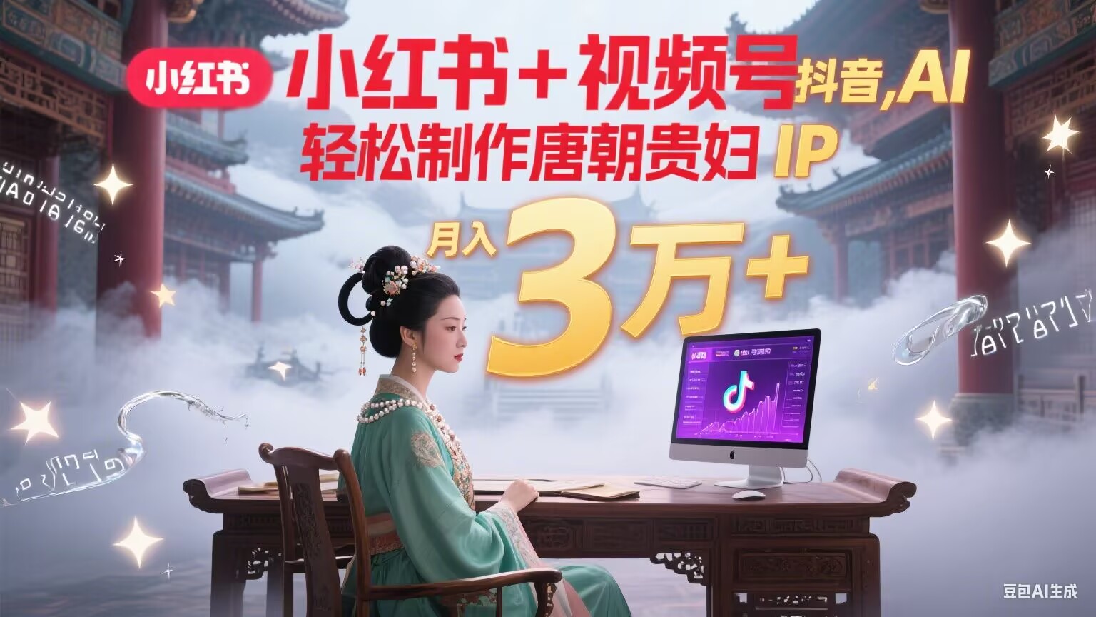 小红书+视频号+抖音，AI轻松制作唐朝贵妇IP，毒鸡汤、励志、减肥瘦身、养生赛道轻松切入，每天30分钟，轻松产出N条，月入3万+-源创极客