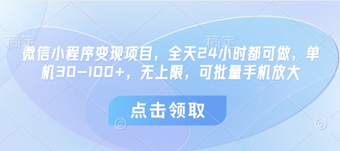 微信小程序变现项目，全天24小时都可做，单机30-100+，无上限，可批量手机放大-源创极客