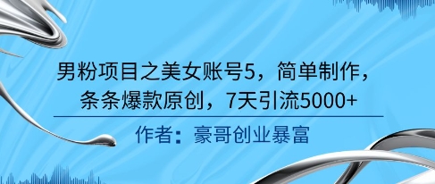 男粉项目之美女账号5，简单制作，条条爆款原创，7天引流5000+-源创极客