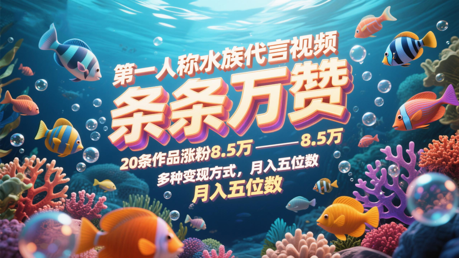 第一人称水族代言视频，条条万赞，20条作品涨粉8.5万，多种变现方式月，入五位数-源创极客