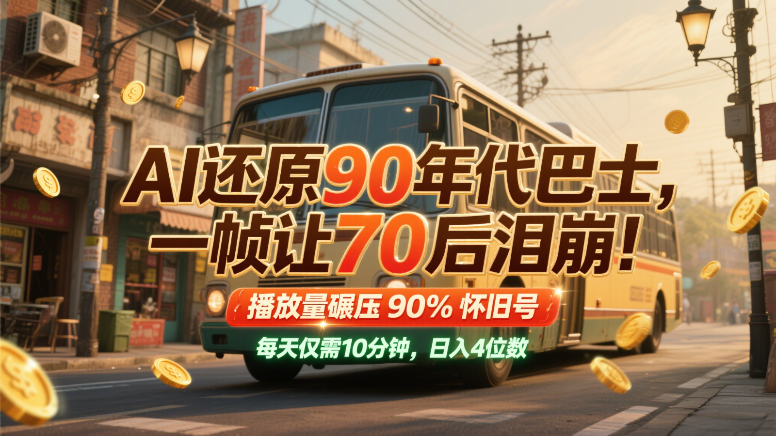 AI还原90年代巴士，一帧让70后泪崩！播放量碾压90%怀旧号，每天10分钟，日入4位数-源创极客